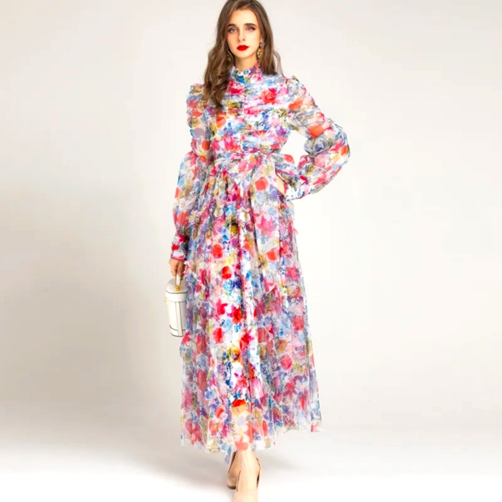 Floral Maxi Dress with Sheer Long Sleeves - Pink Multicolor